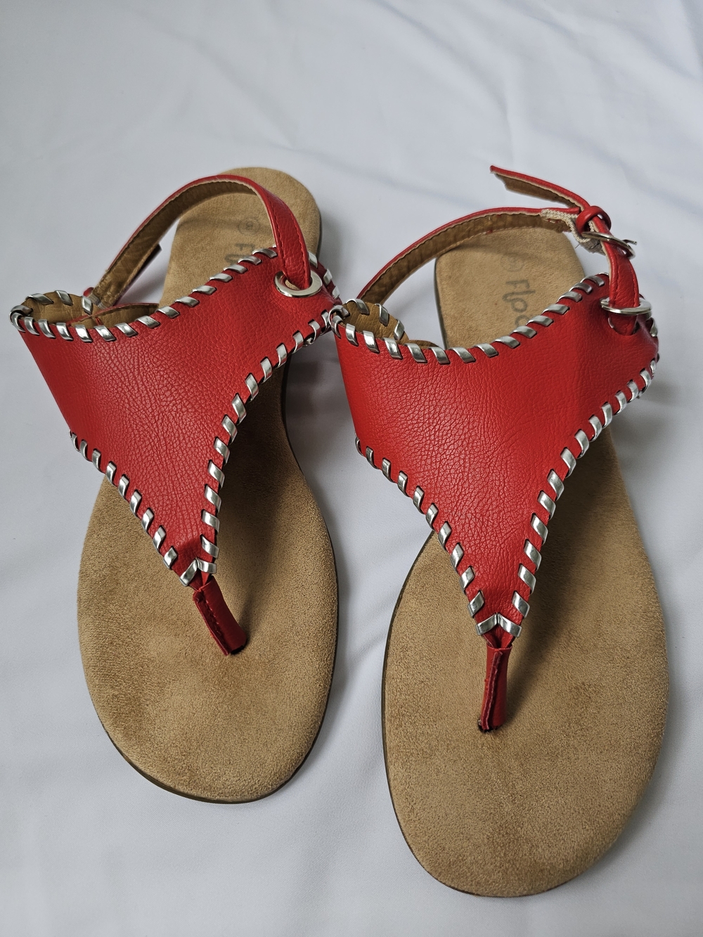 Floopi Red Whipstitch Thong Sandals with Ankle Strap - Size 9